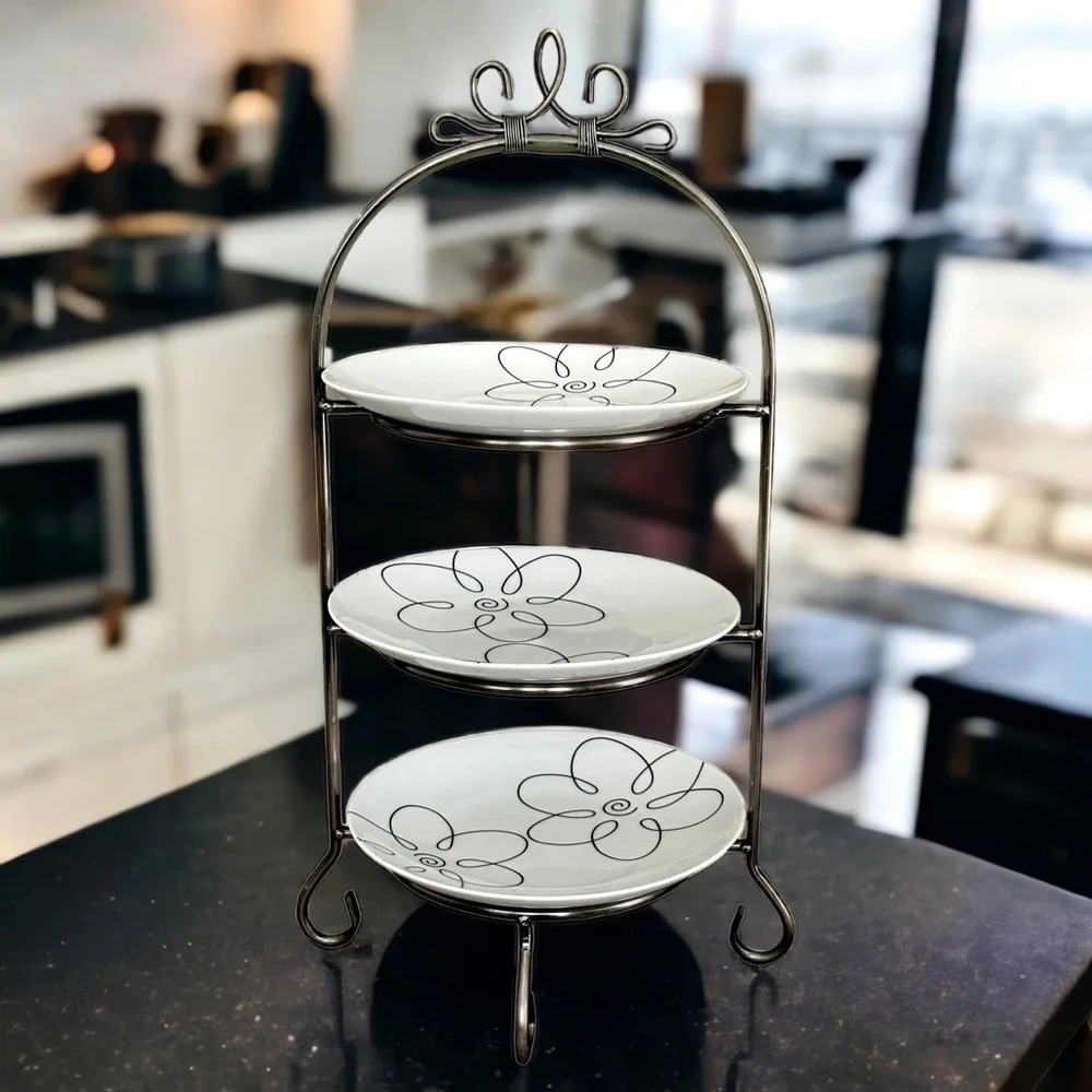 Crate & Barrel Cambridge Satin Nickel 3-Tier Stand With 9” Removable Plates 24H